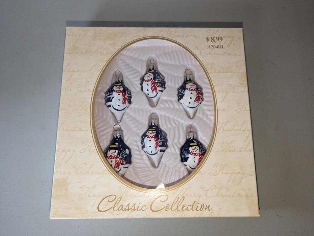 6 Glass Christmas Ornaments 2004 Hand Painted Snowmen Teardrop -0923
